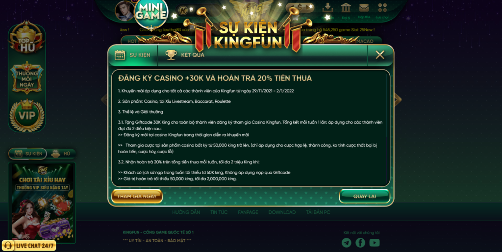 Kingfun: Đăng ký casino +30K và hoàn trả tiền thua 20%